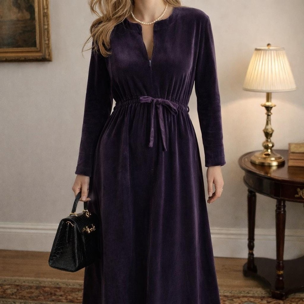 L Deep Purple Saks Vintage Heavy Velveteen Winter Dress -Tie Empire Maxi Dress